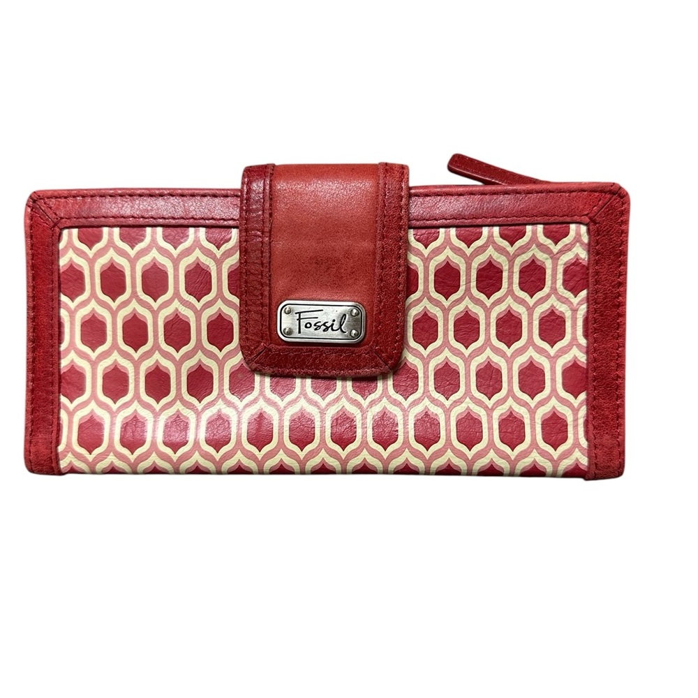 Fossil Genuine Leather Red Wallet with Card Organizer Zippered Coin Pockets
